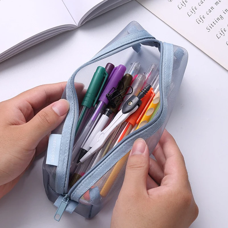 Translucent Simple Mesh Pen Bag Student Exam Stationery Bag Large Capacity Portable Stationery Storage Bag Study Supplies