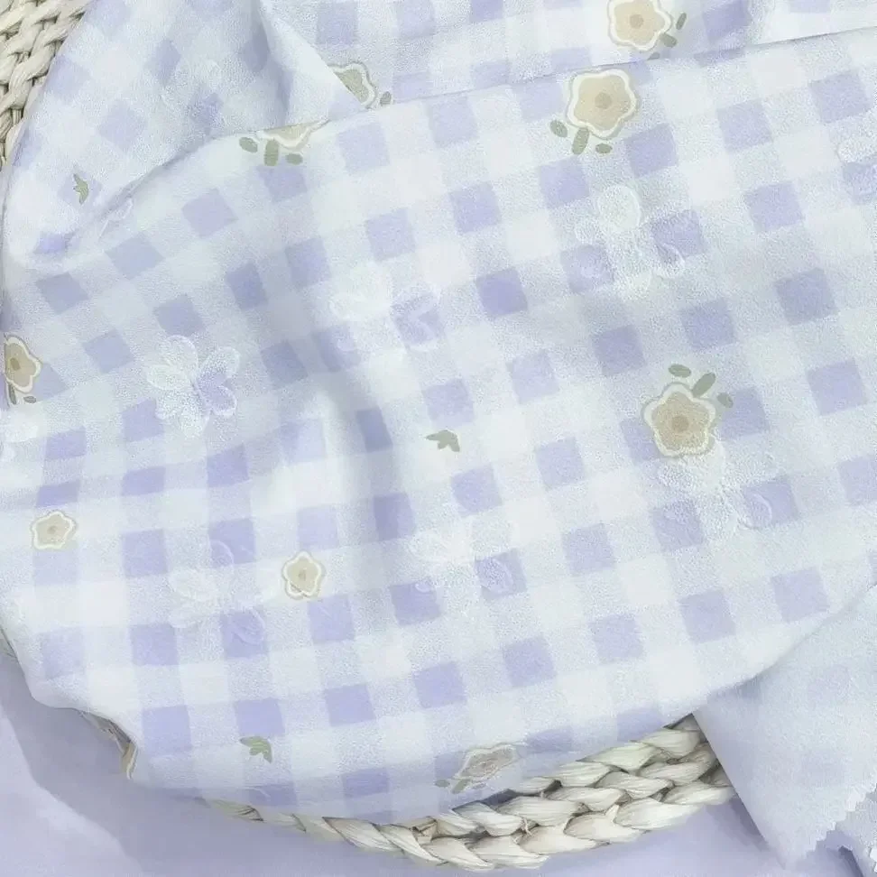 Polyester Digital Printed Fabric, Colorful Dopamine Grid Small Flower Children's Clothing Printed Handmade DIY Clothing Fabric