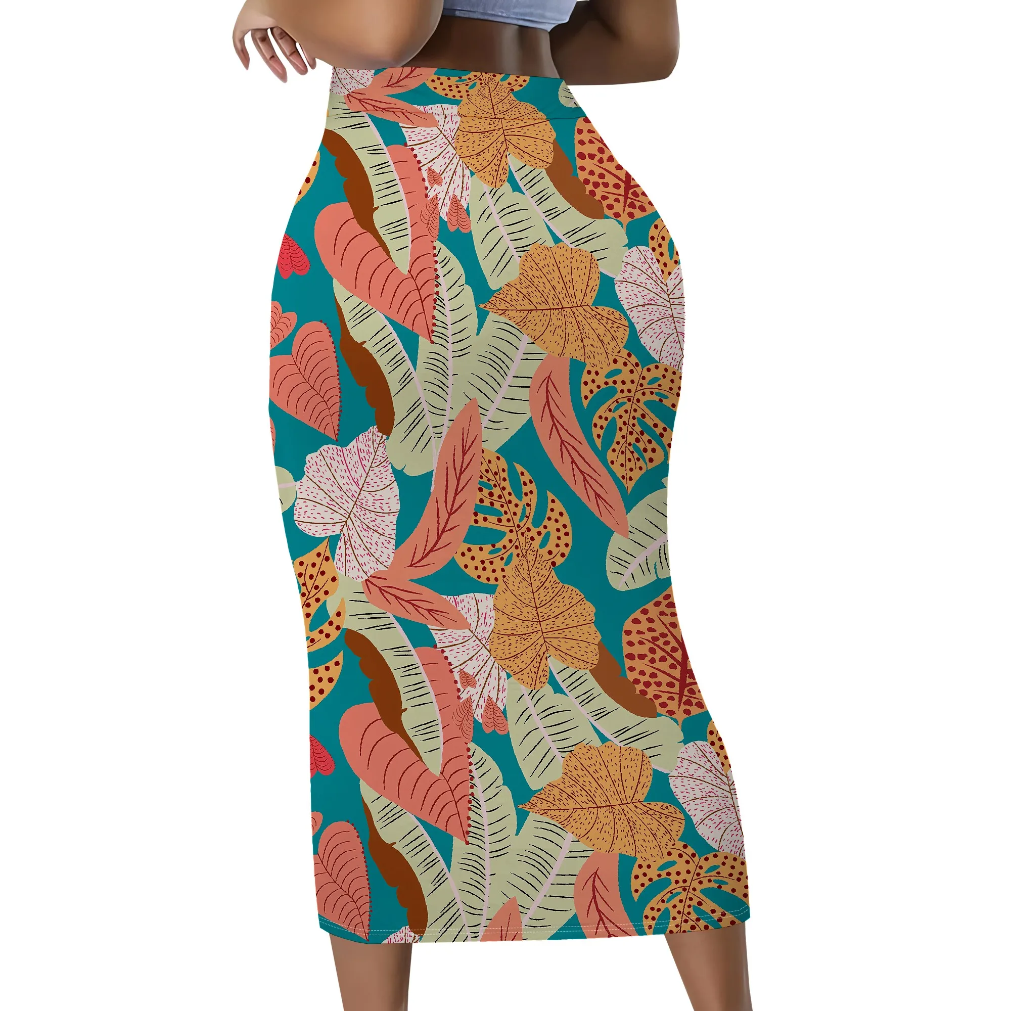 Tropischer Print-Rock, Boho-Midirock, Rock mit Blattmuster, Bleistiftrock mit hoher Taille, Sommer-Strand-Urlaubskleidung, S-2XL – Detail 3