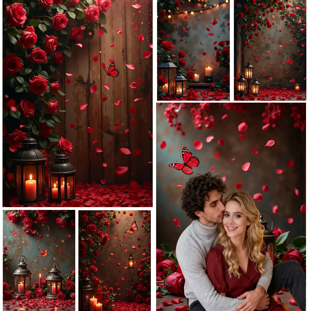 

MOON.QG Rustic Valentine's Day Photography Background Lantern Red Rose Butterfly Wooden Backdrop Wallpaper Women Shooting Props