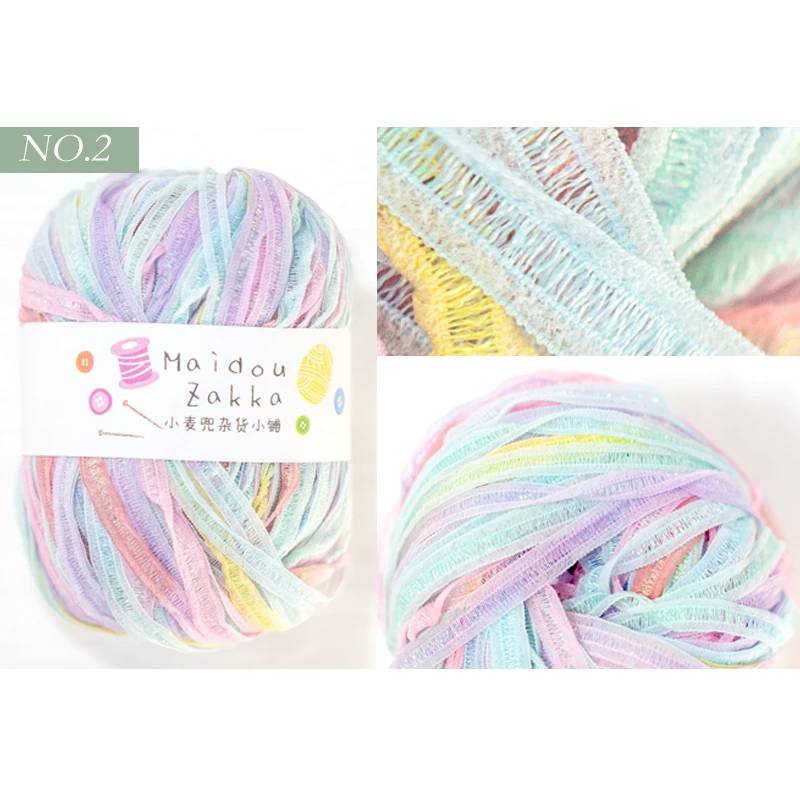 Colorful Sparkling Silk Flat Ribbon Yarn Phantom Dyed Woolen Thread Features DIY Knitted Hook Hat Handmade Bag Crochet Yarn Gift