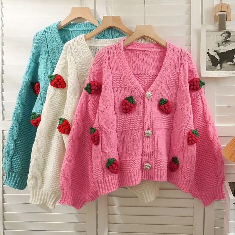 OMCHION Sweet Wind Three-dimensional Strawberry Loose Thin Knit Sweater Women Hundred With Long-sleeved Cardigan Sweater