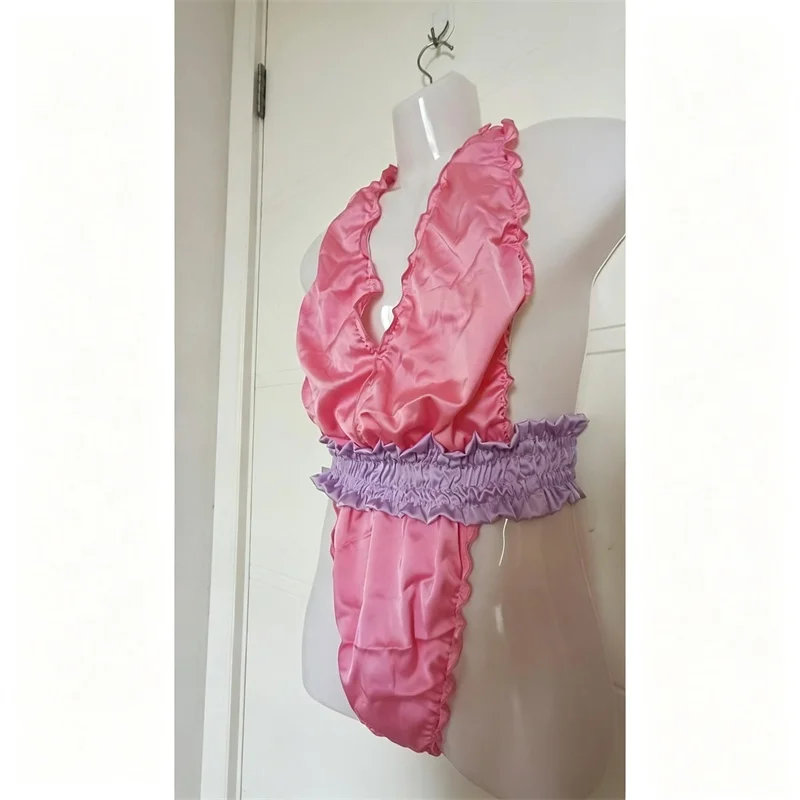 Women Satin Halter Neck Silky touch Bodysuit Deep V Ruffle Trim Elastic Waist Summer Sexy Thong One Piece Lingerie Nightwear
