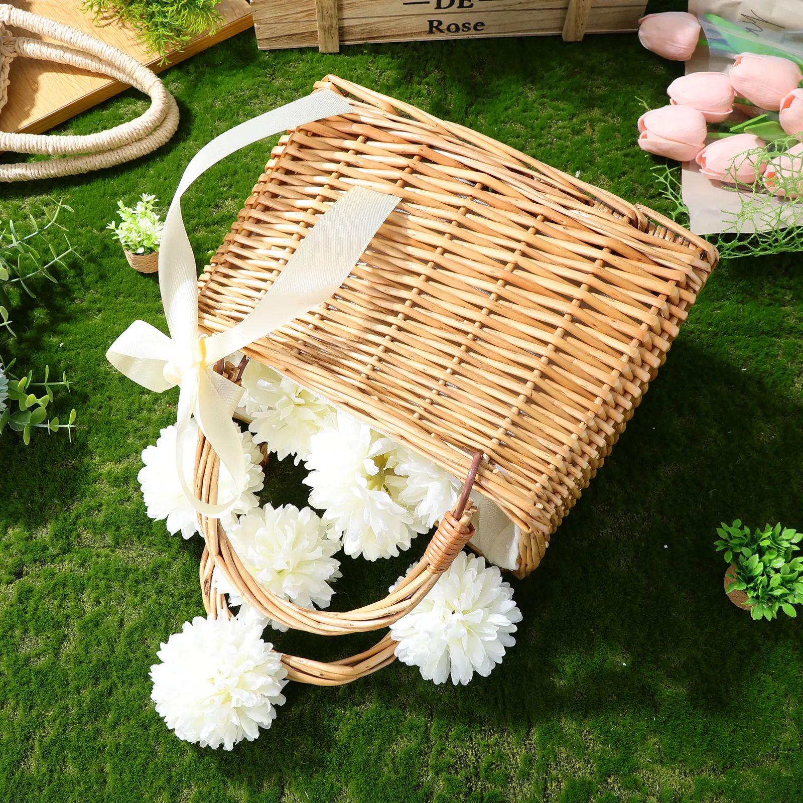 

Rattan Woven Basket Decorative Storage Small Square Bag Portable Flower Container Black Ribbon Home Holiday Gift