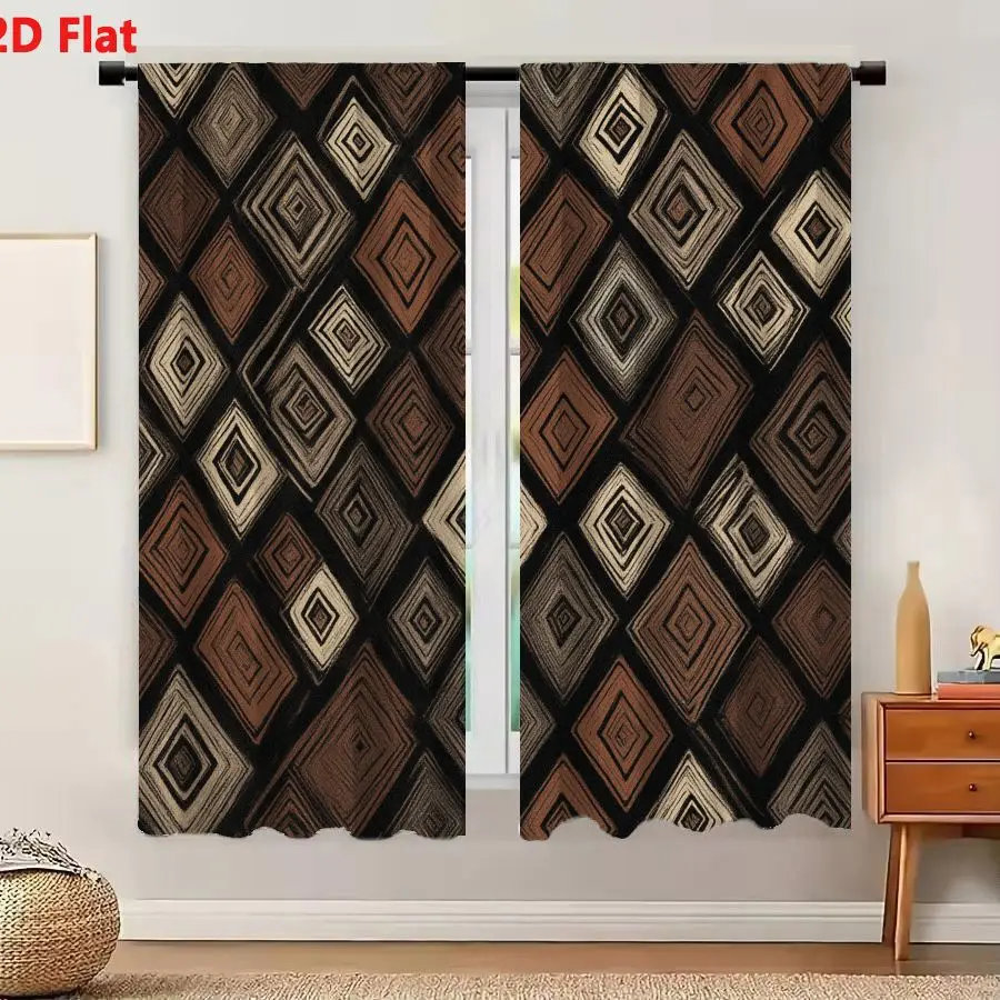 2Pcs Curtains 2D Flat Geometric Diamond Pattern With Earthy Brown Tones And Black Background For Textiles And Wallpaper Window D