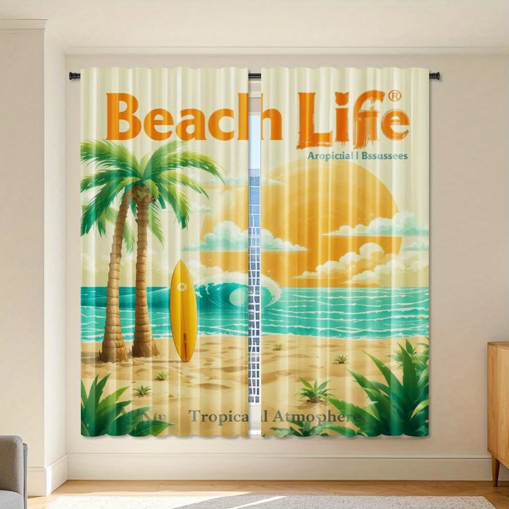 Retro Beach Life Curtains Vintage Surfboard Palm Tree Print Drapes for Living Room, Tropical Ocean Sunset Window Treatment Decor