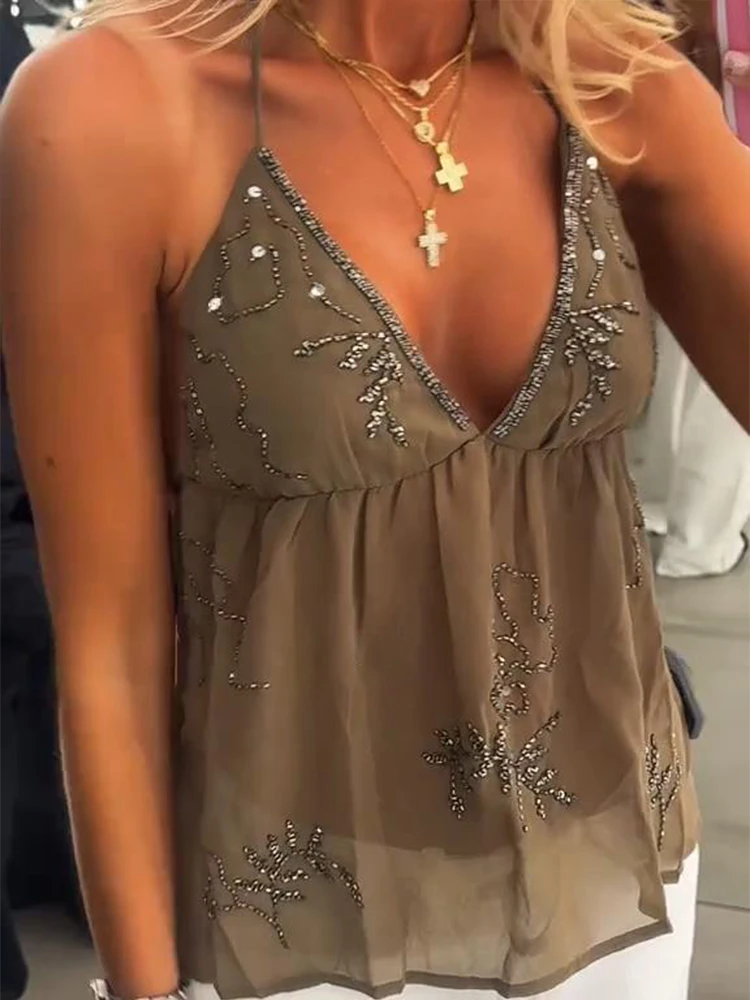 ビーズ刺繍スパンコールドレス レディース シースルー ノースリーブ バックレス Vネック セクシーローブ 女性 2025 夏 イブニングパーティー バケーションドレス