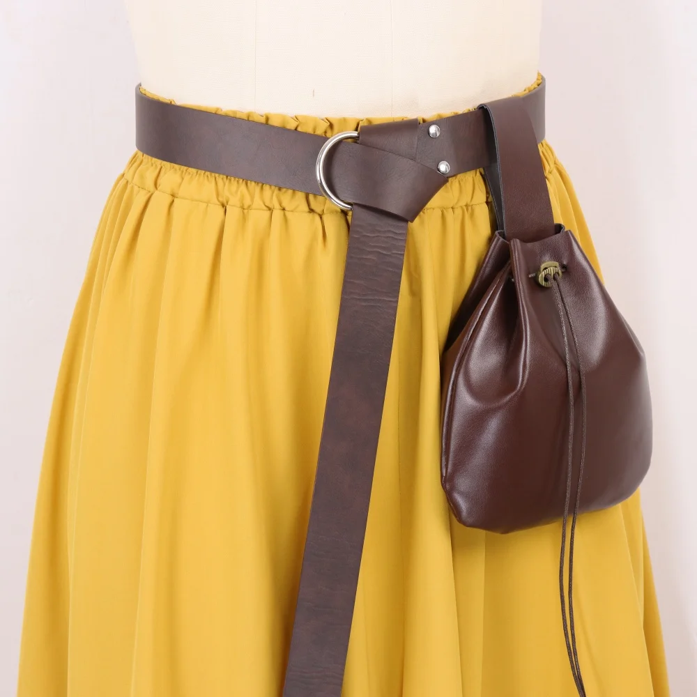 Vintage Medieval PU Leather Belt with Drawstring Pouch Renaissance Long Tail Waist Belt Hanging Bag Pirate Witch LARP Cosplay Ha view 4