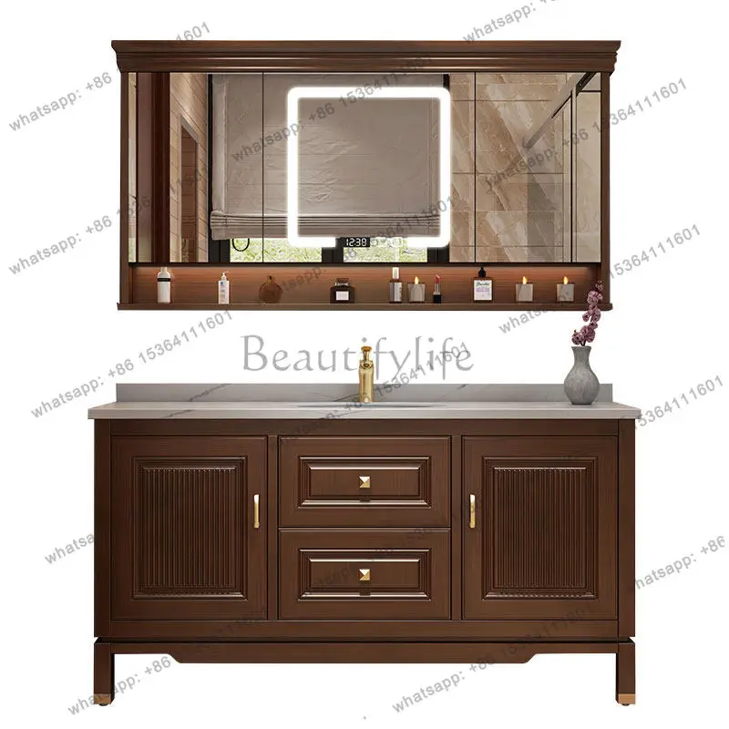 New Chinese bathroom cabinet combination rock slab floor solid wood washing table integrated basin cabinet bathroom