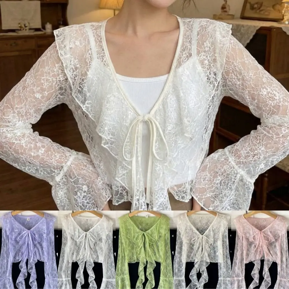 V-Neck Lace Cardigan Ruffle Edge Hollow Out Sun Protection Cardigan Flared Sleeve Lightweight Sun-proof Shirt Women Clothing