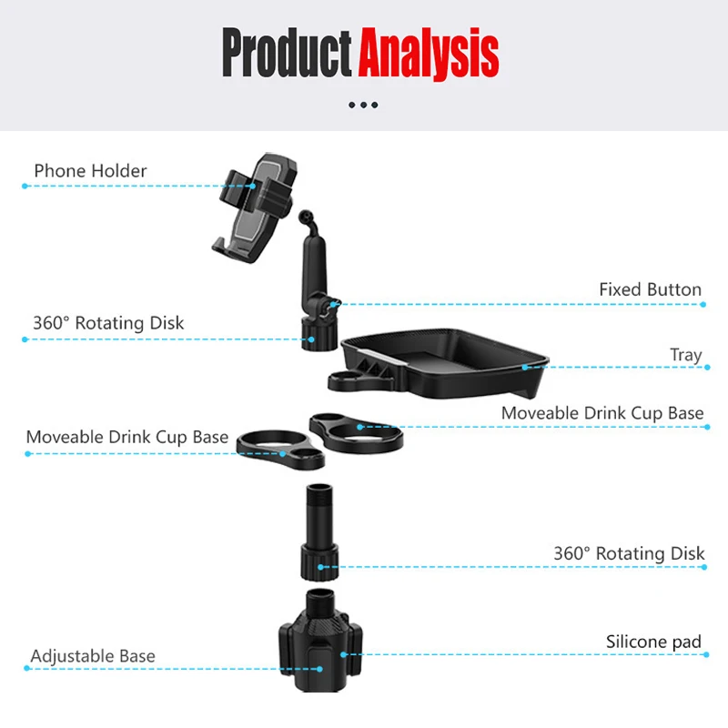 Car Cup Holder Tray 4 in 1 Multifunctional Cellphone Stand 360° Swivel Adjustable Car Food Eating Tray Table Cup Holder Expande