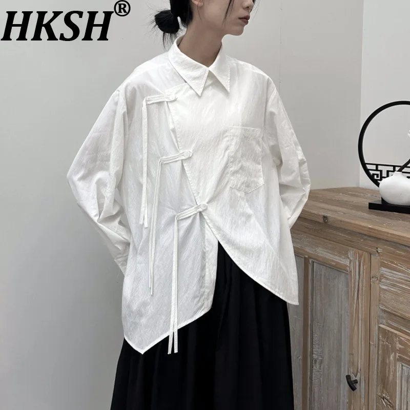 

HKSH 2025 Spring Autumn New Women Shirt Asymmetric Single Breasted Pocket Long Sleeve Chinese Style Trendy Casual Blouse HK12409