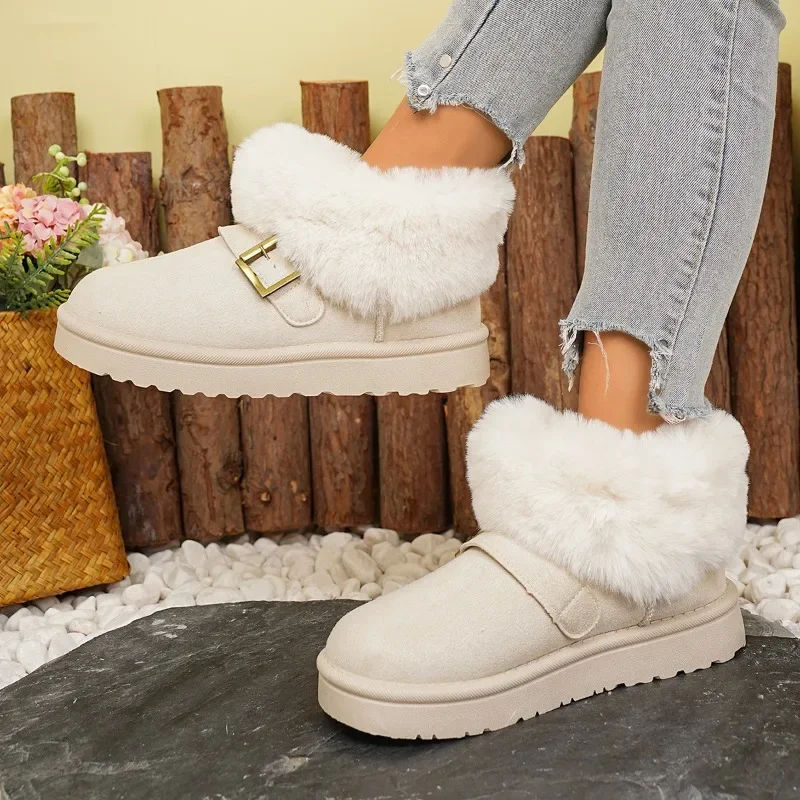

2025 Casual Metal Buckle Decoration Thick Bottom Snow Boots Fashion Faux Fur Low Heel Boots Women Winter Warm Short Plush Shoes
