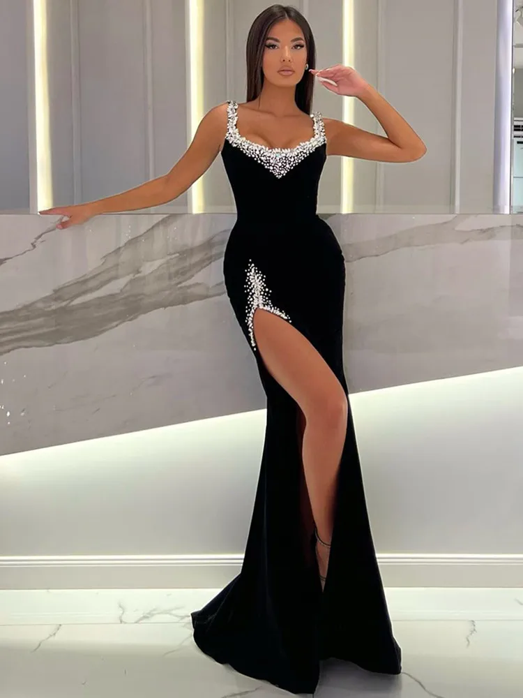 

Newest Celebrity Women Sexy Pearl Backless Black Split Maxi Long Bodycon Dress 2024 Elegant Evening Party Club Vestido