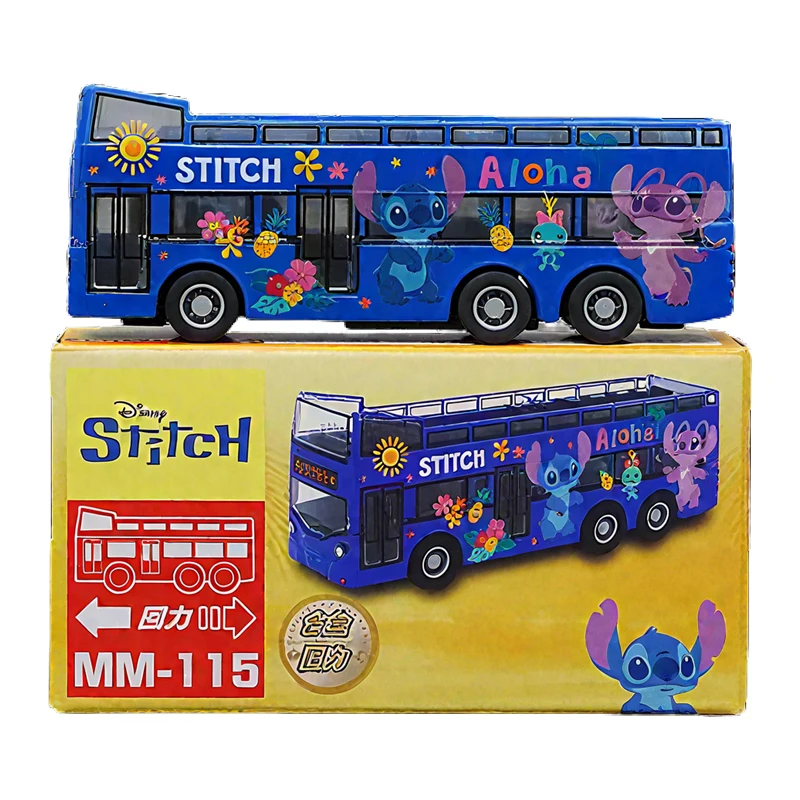 Disney Anime Figures Alloy Model Cars Toys Stitch Double Deck Bus McQueen Pull Back Car Mickey Frozen Christmas Gifts for Kids