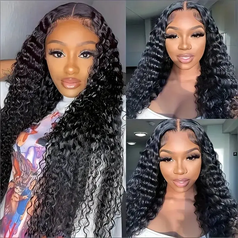 Frontal Wig 40 Inch Glueless Deep Wave 13x6 Curly Lace Front Natural Black Human Hair Wigs  For Women Full 150% Brazilian