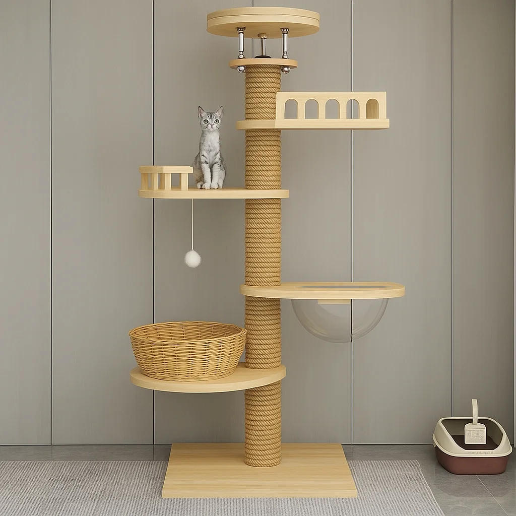 Solid Wood Eco-friendly Modern Cat Tree Tower Rattan Basket Acrylic Nest Hanging Pompom Toys Multiple Platforms Stable Base for