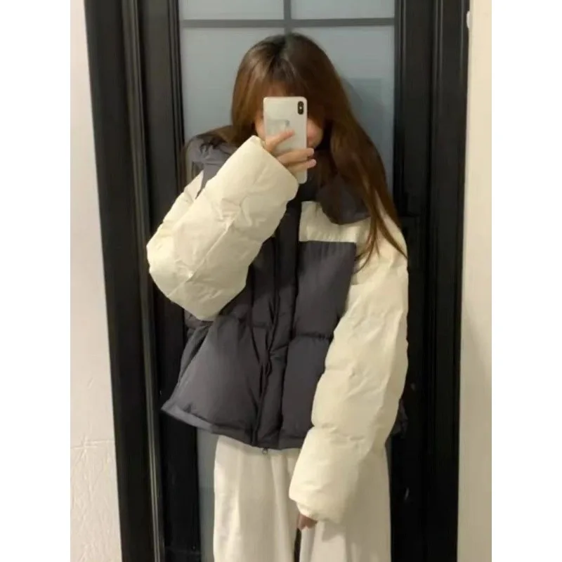 Academy Style Stitching Contrast Color Thickened Hooded Cotton-padded Coat Women's Winter New All-match Loose Coat Bread Suit