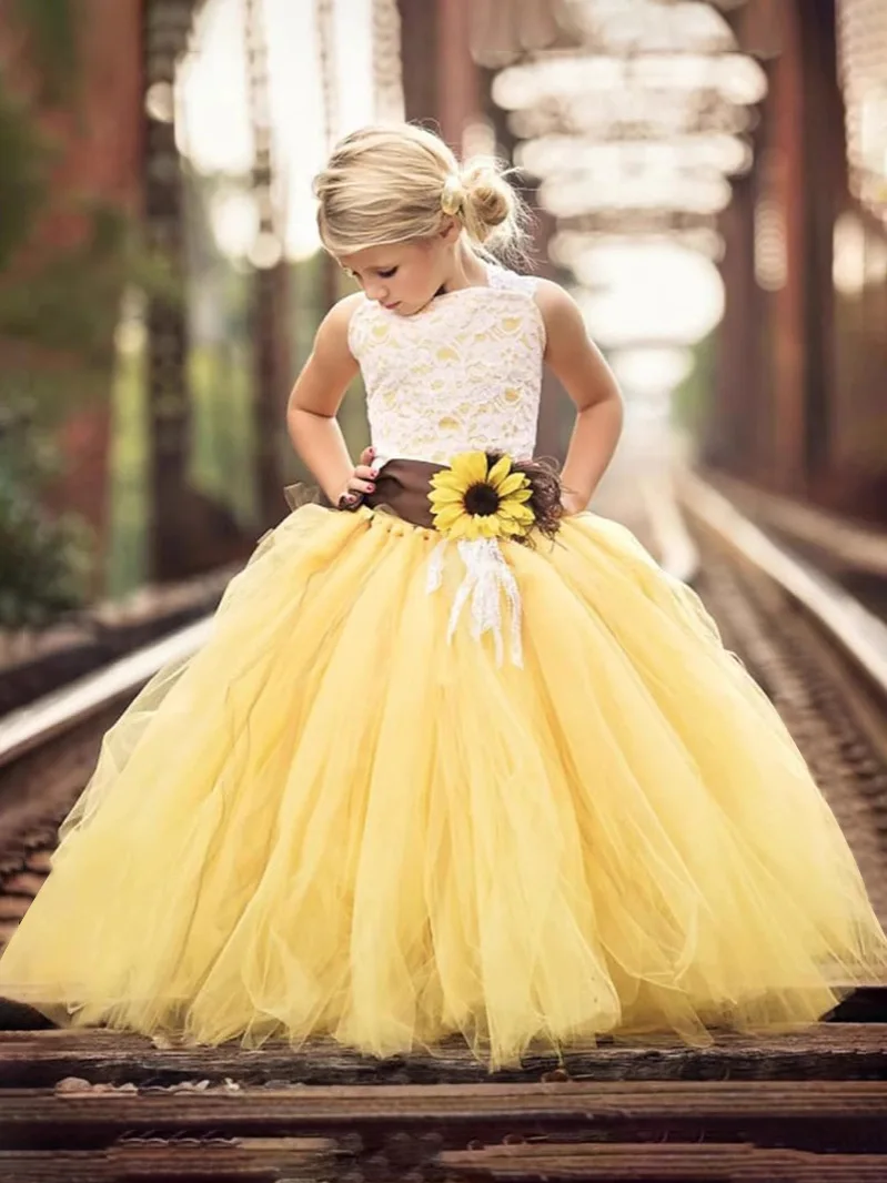 

Girls Sleeveless Lace Bodice Tulle Ball Gown With Sunflower Accent And Belt Design For Formal Events Weddings Flower Girl Evenin