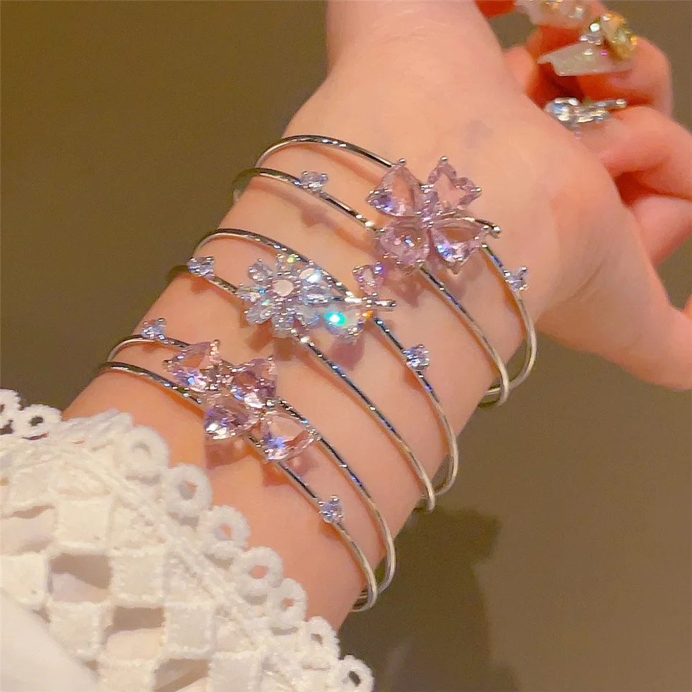 Cuff Bracelet Silver Color Butterfly Flower Bangle For Women Shine Crystal Zirconia Fashion Jewelry Charm Party Accessories Gift