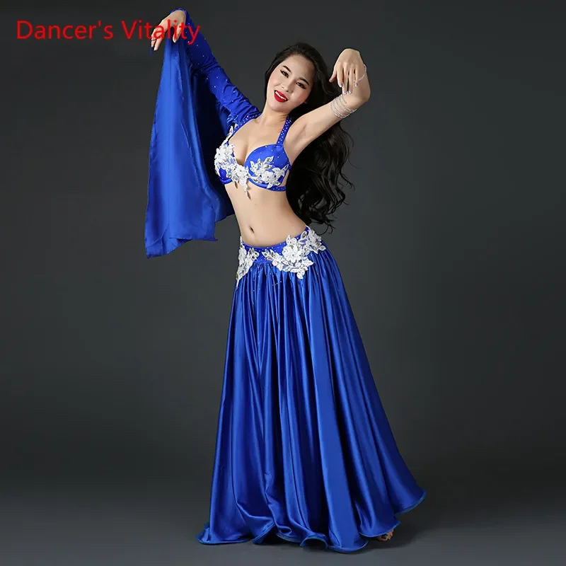 Lady Women Belly Indian Oriental Dance Single Sleeve Sling Bra Diamond Skirt Suit Competition Practice Costume Rumba Dancewear