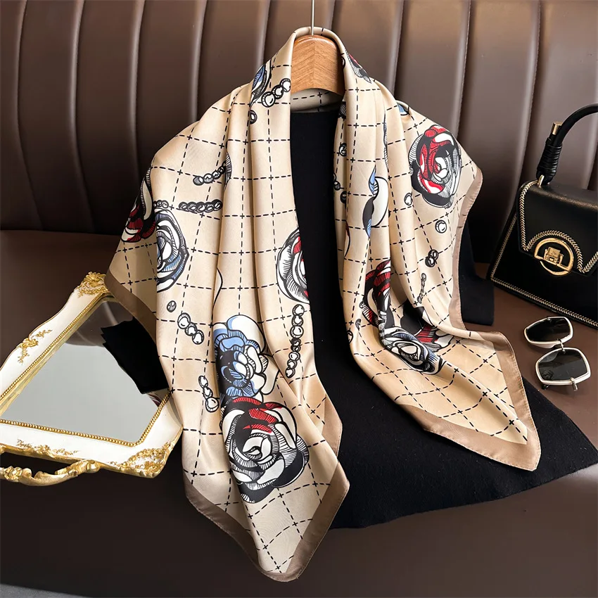 Women Fashion 90*90cm Print Silk Scarf Female Square Scarves Headband Foulard Ribbon Wraps Hairband Neckerchief Shawls Bandanna