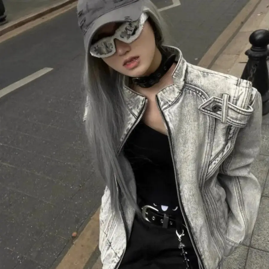 

American Retro Niche Spliced Shoulder Pad Denim Jacket Women Spring Autumn New High-End Design Stand-Up Collar Jacket