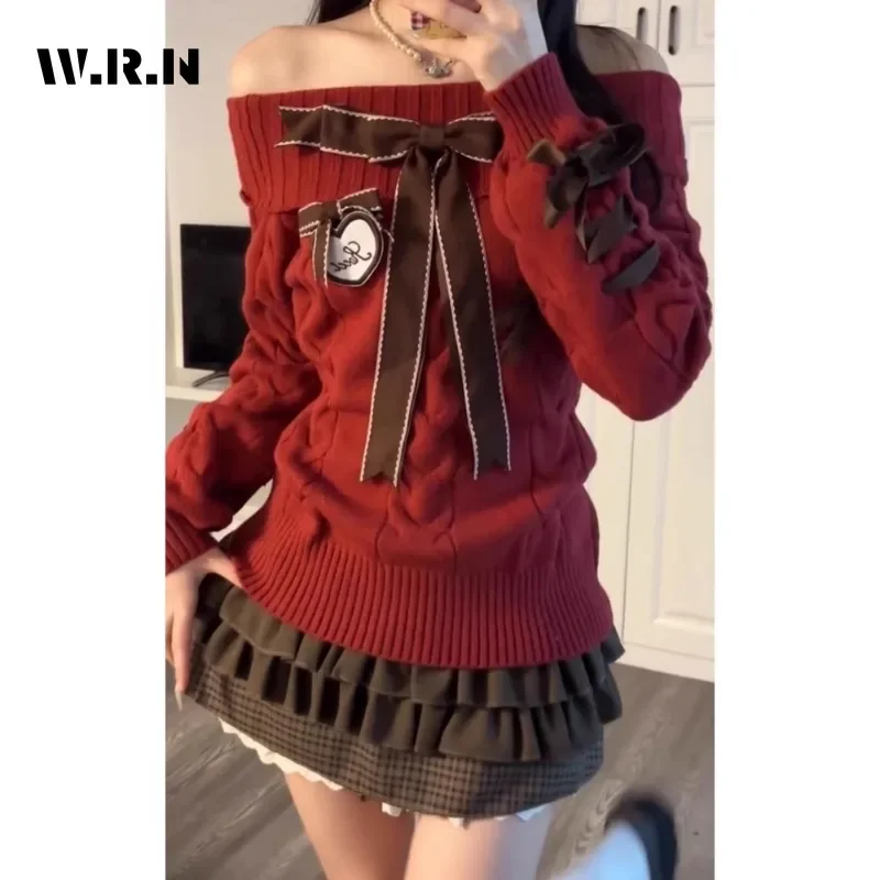 

Lazy Bow Off Shoulder Long Sleeve Loose Knitted Sweater Tops+ High Waist Ruched Skirts 2025 Spring New Two Piece Sets
