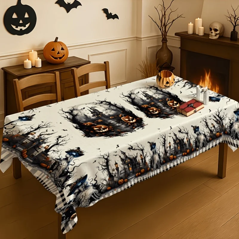 One Halloween-themed pumpkin haunted house pattern tablecloth, rectangular shapezyc