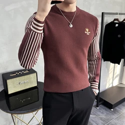 Autumn Winter Knitted Sweater for Men Stripe Stitching Long Sleeve Slim Casual Knitted Pullovers Round Neck Bottoming Shirt 2023