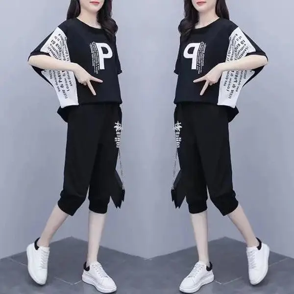 M-6XL Tracksuits Women Print Short Sleeve T-shirts and Pants Suits Casual Fashion Sport Set Elastic Waist Two Piece Sets