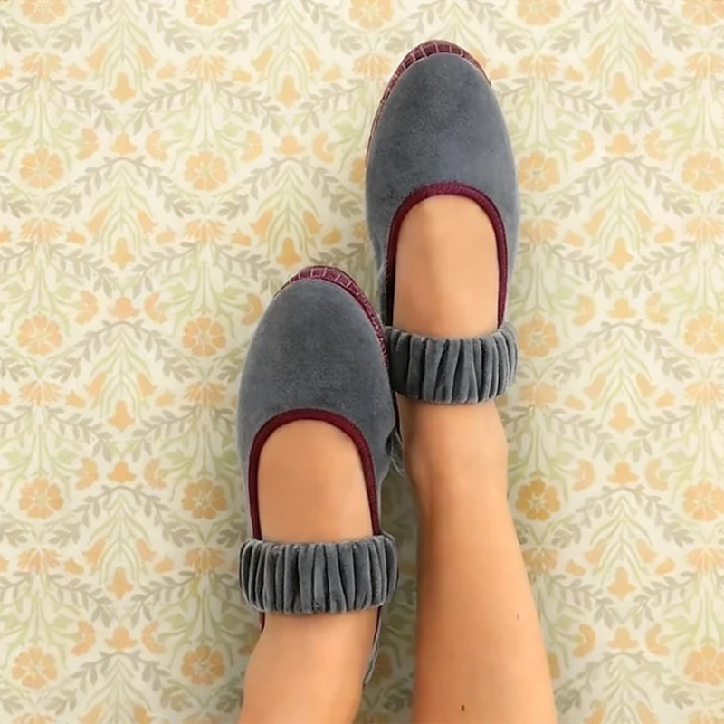 Zapatos Planos de Ballet de Terciopelo con Banda Elástica Plisada para Mujer, Primavera Otoño, Gris, Cosidos a Mano, Estilo Mary Jane, Casuales, para Calle, Sin Cordones
