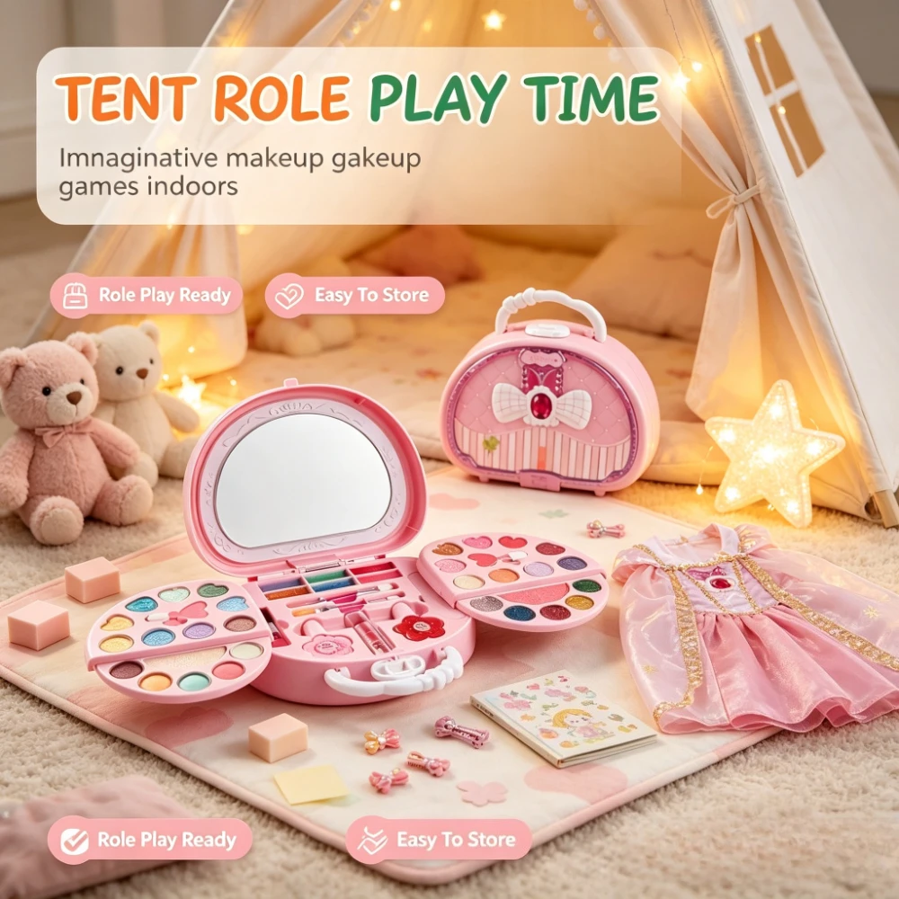 Kids Beauty Toys Makeup Kit Little Bag Washable Pretend Play Cosmetic Set Toys with Mirror Non-Toxic & Safe Birthday Gifts Girl