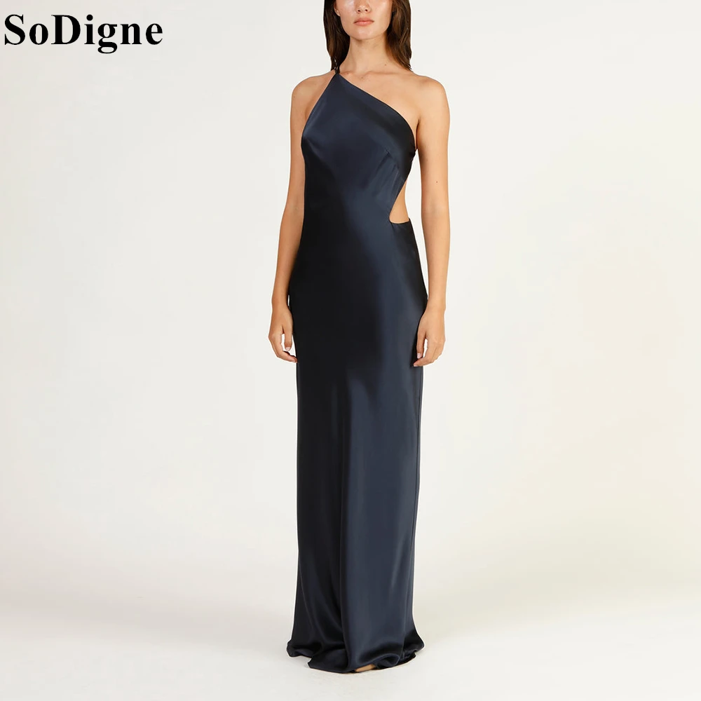 

SoDigne Sexy Navy Blue Satin Evening Dress Halter Mermaid Sleeveless Party Dress Backless Special Occasion Prom Gowns Customized