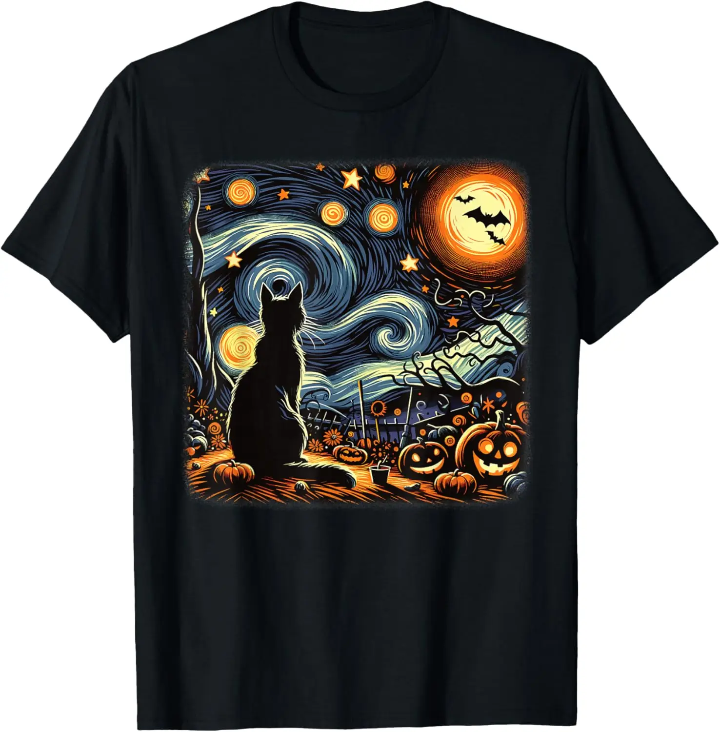 Halloween Black Van Gogh Starry Night Lovers Cat T-Shirt 100% Cotton Trendy Y2K Short-Sleeve Tee – Soft, Quick-Drying, &