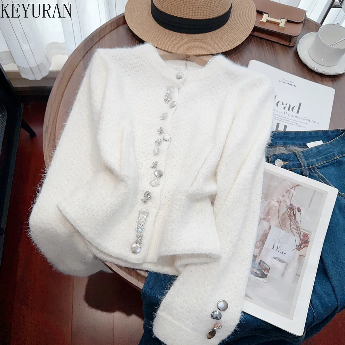 Luxury Diamonds Mohair Sweater Jacket Women\'s Tops Autumn Winter New Korean Style Gentle Temperament White Knitted Cardigan Coat