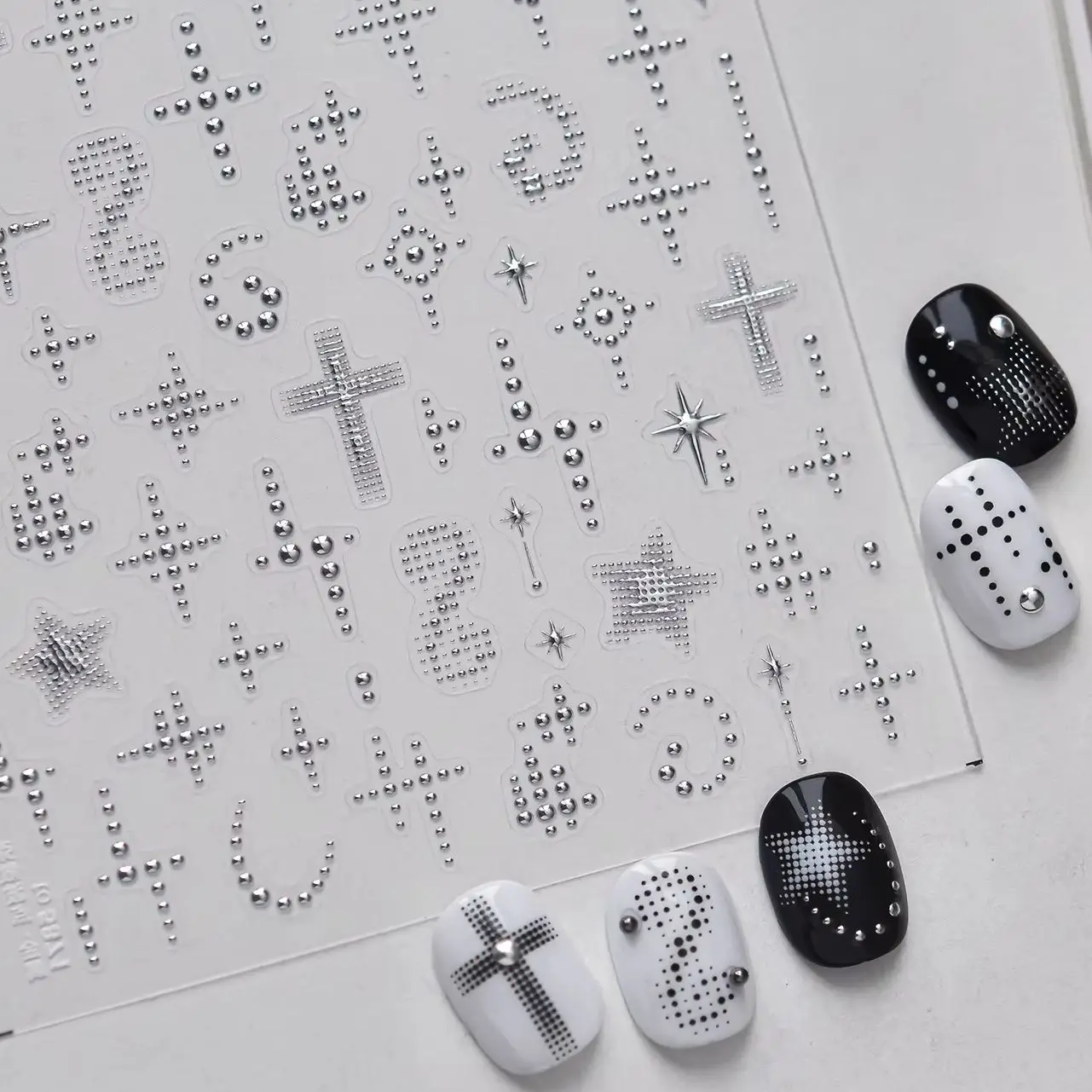 Punk Black White Silver Polka Dot Grid Pentagram Metal Love Heart Sun Star Bowknot Clock Flower Y2K Gem Nail Art Stickers Decals