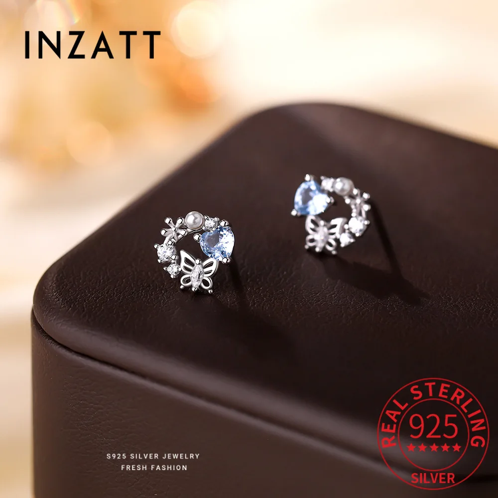 

INZATT Real 925 Sterling Silver Zircon Heart Butterfly Stud Earrings for Women Party Cute Fine Jewelry Light Luxury Accessories