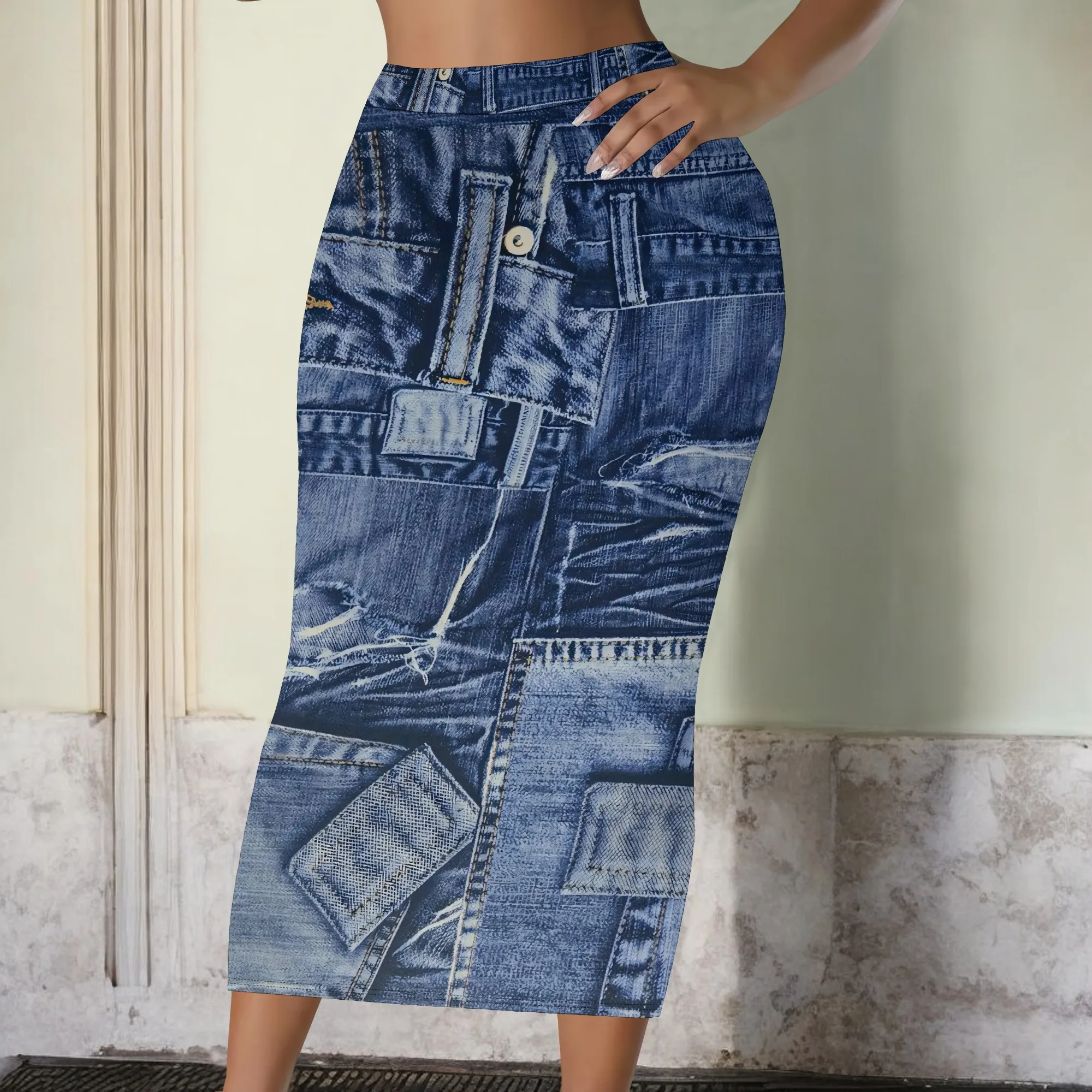 

Stylish Faux Denim Midi Skirt with Pocket Detail Print Casual Slim Fit Office Look