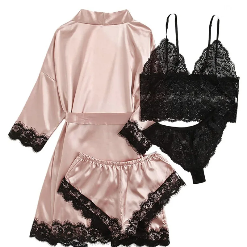 2026 New Home Furnishings Hot Selling Satin Spliced Lace Underwear and High Grade Sleep Robe Shorts Four Piece Set for Women
