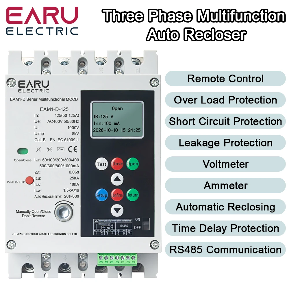 EARU 4P 125A RS485 Mutlifunctional MCB MCCB RCBO Recloser Over Under Voltage Current Protector Short Circuit Leakage Protection