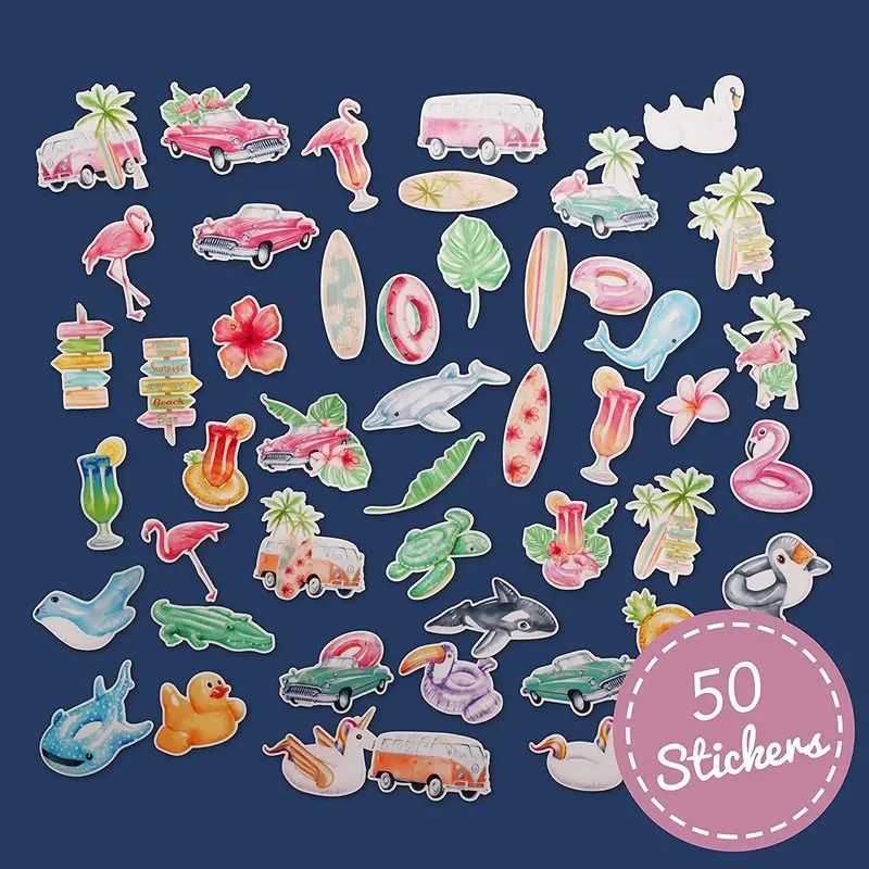 Pack of 50 Hawaii Party Tropical Beach Stickers Pack - Summer Travel Decals for Water Bottles, Laptops, Scrapbook