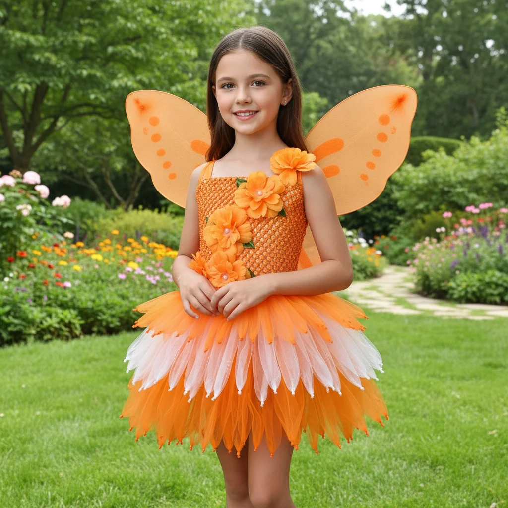 Girls Orange Flower Petals Tutu Dress Kids Black Crochet Ballet Tulle Dress with Headband Children Halloween Party Costume Dress view 2