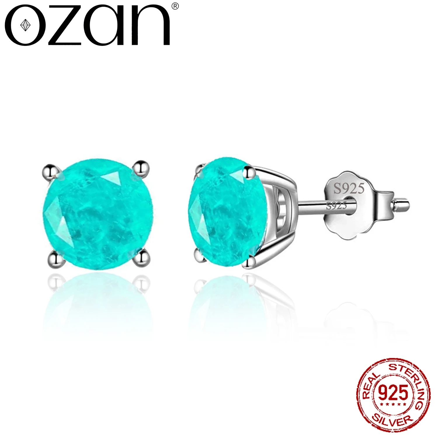 OZAN Simulated Paraiba Tourmaline 925 Sterling Silver Earrings Stud Fashion Gemstone Earrings Jewelry for Women Lady Birthstone