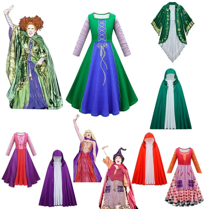 Qq38Kids Halloween Hocus Pocus chica Winifred vestir fiesta de carnaval Sarah Mary Sanderson hermanas bruja Cosplay disfraz con capucha C