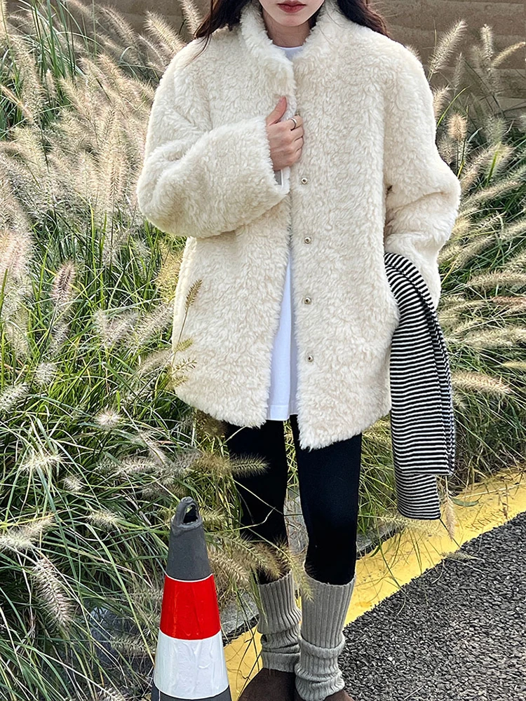 

Autumn Winter 2025 Fashion Tide Beige Lambs wool Thick Big Size Jacket New Stand Collar Long Sleeve Women Coat