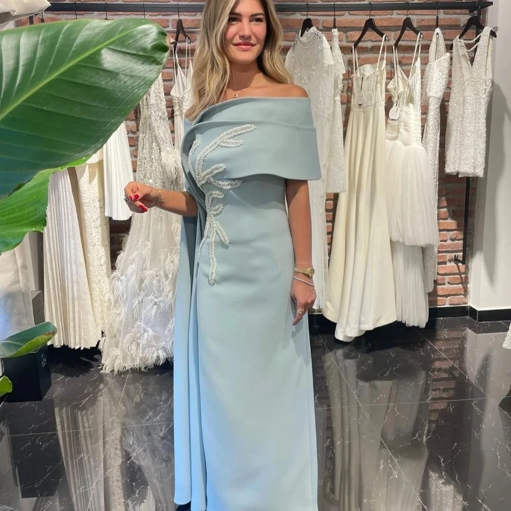 

Light Blue Evening Dress Customized Boat Neck Jersey Pearl Straight Prom Gown Floor Length Formal Party Dresses Customized