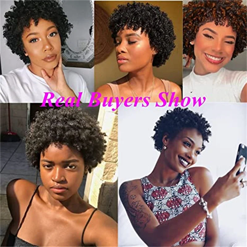 Pelucas sintéticas cortas Afro rizadas con flequillo para mujeres negras, Color Natural marrón, fibra de 12 pulgadas, calor, uso diario para fiestas