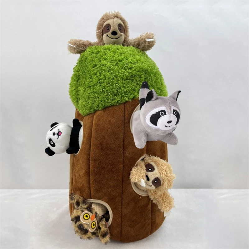 L69A Burrow Interactive Dog Hide And Seek Puppy Colorful Squeak Stuffed Animals Plush Puzzles Tree Holes Raccoons