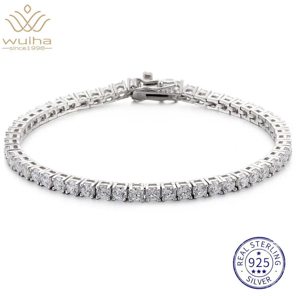 WUIHA Hiphop Rock Rapper 925 Sterling Silver 3 MM Lab Sapphire High Carbon Diamonds Bangle Bracelet Tennis Chain Fine Jewelry